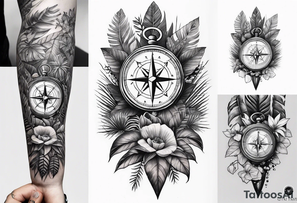 sleeve tattoo with jungle plants, compass, all-seeing eye tattoo idea