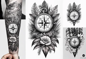 sleeve tattoo with jungle plants, compass, all-seeing eye tattoo idea