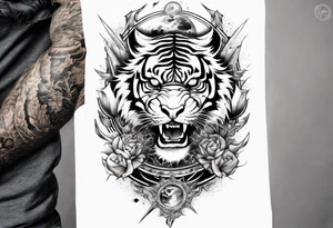 Tiger Warrior sleeve tattoo with lightning and the sun
Forearm sleeve tattoo idea
