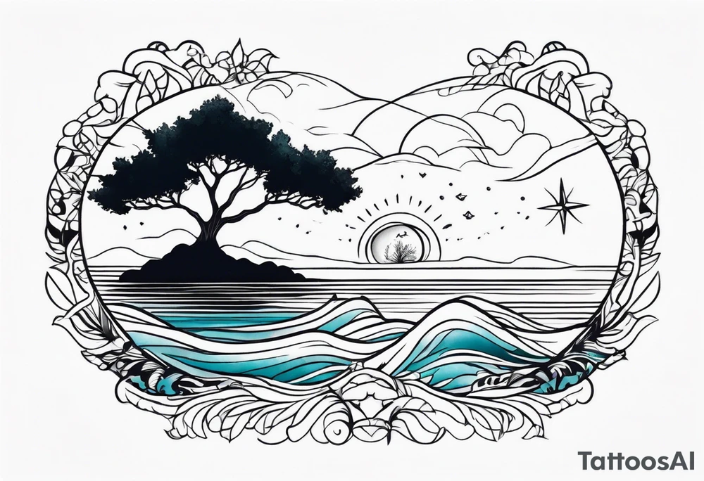 calm sea and tree of life tattoo idea
