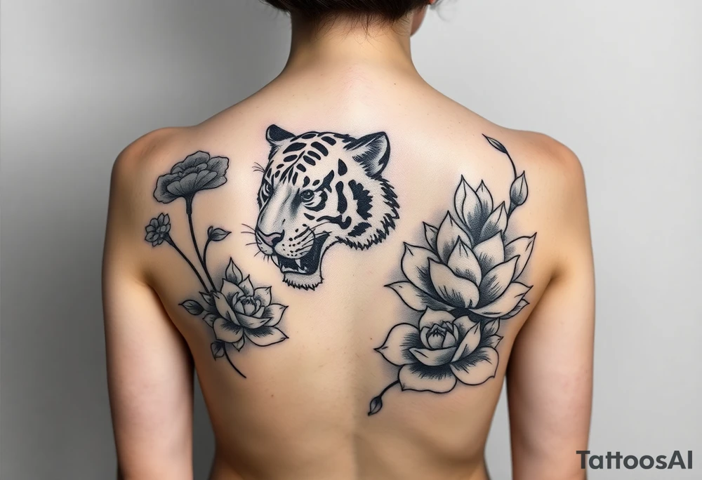 fierce tiger emerging through blooming lotus flowers in mist tattoo idea