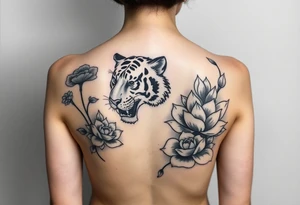 fierce tiger emerging through blooming lotus flowers in mist tattoo idea