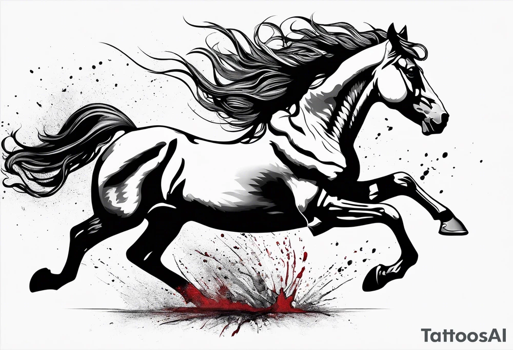 Mustang horse running along blood stomping tattoo idea