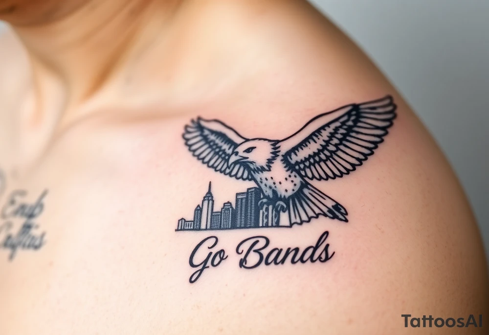 Philadelphia eagle flying over Philadelphia city skyline with Go Birds written under it tattoo idea