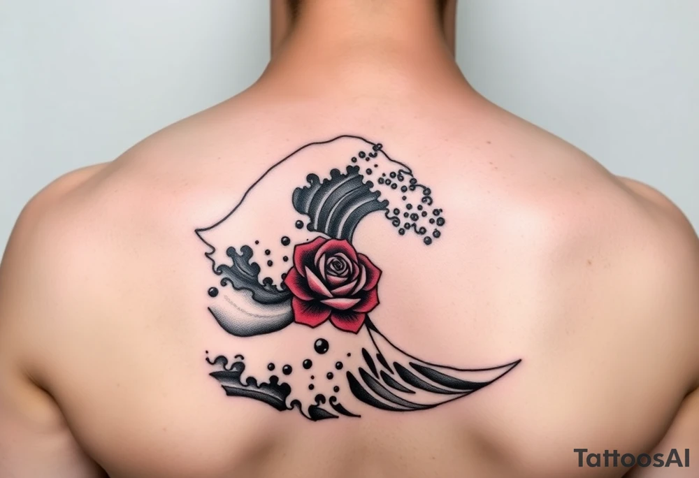 Shoulder tattoo of the Great Wave of Kanagawa in black and white with a small beautiful red rose with in the space where the wave curves tattoo idea