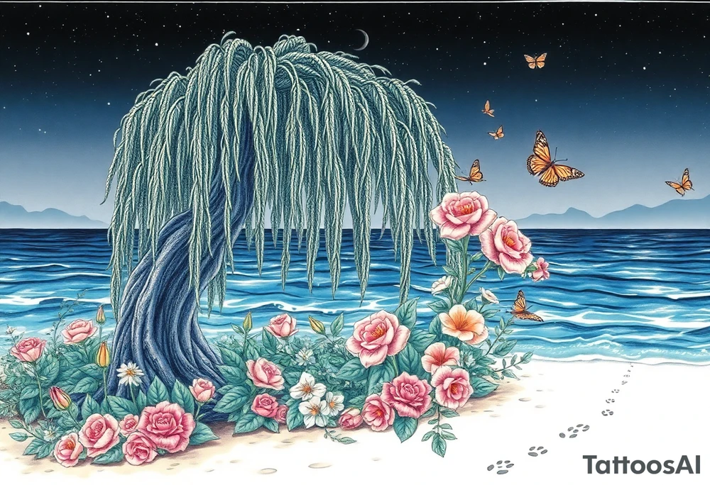 Night time. Ocean.  weeping willow garden with roses and lilies flower beds, fairies, mermiads, dragons butterflies,  cat paw prints path in dirt. tattoo idea