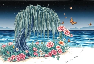 Night time. Ocean.  weeping willow garden with roses and lilies flower beds, fairies, mermiads, dragons butterflies,  cat paw prints path in dirt. tattoo idea