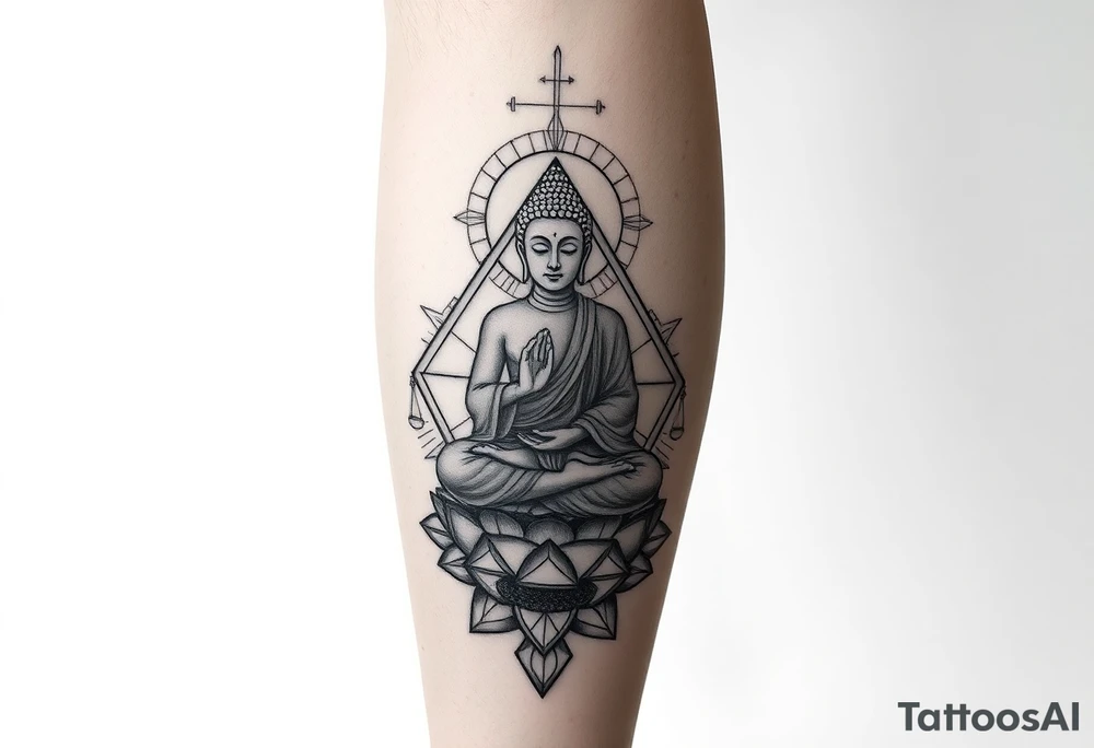 full leg tattoo with buddha above knee, using sacred geometry and space themes tattoo idea