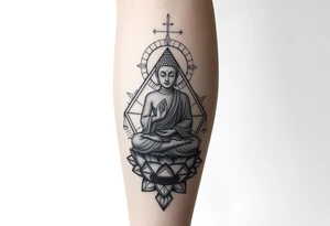 full leg tattoo with buddha above knee, using sacred geometry and space themes tattoo idea