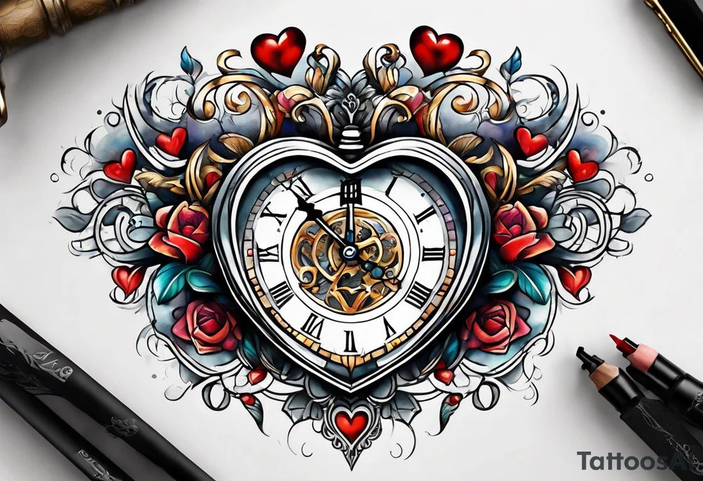 Heart with clock in middle hands on 8 and 5 tattoo idea