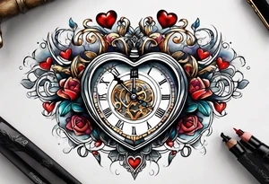 Heart with clock in middle hands on 8 and 5 tattoo idea