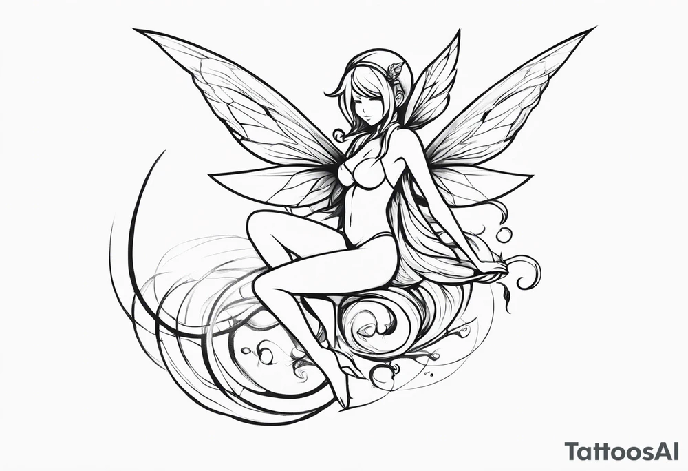 No color sketch of a fairy with a tail inspired by the guild symbol in the anime show called Fairy Tail in a fetal position leaning forward while crawled in and her body is an angle while floating in the air with big wings tattoo idea