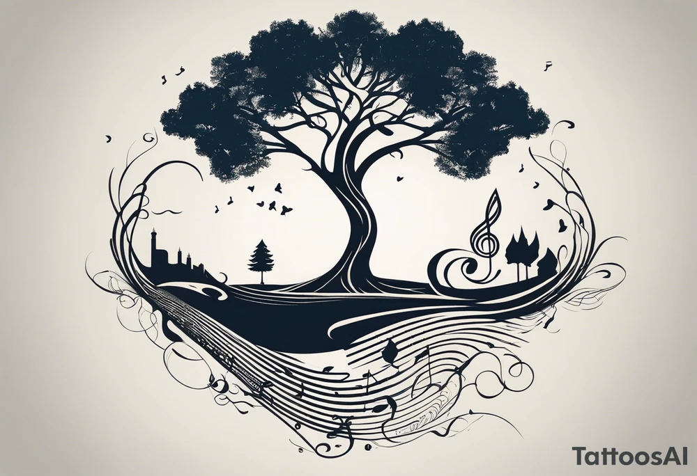 A tattoo design that incorporates the following elements: an abstract tree of life that has roots emerging  from the ground. Waves of water wrap around the tree in a non symmetrical design.  Incorporate musical notes into the tree. the letters U and A are overlapping and engraved into the tree. incorporate a golf ball or golf course symbols like a flag but not prominent. tattoo idea