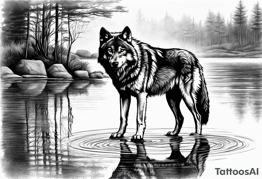 adult wolf standing alone at edge of water seeing him as a wolf pup in his reflection tattoo idea