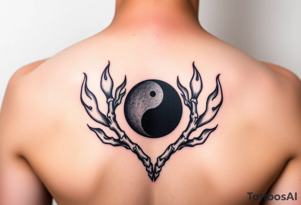 female skeleton surround by subtle flames holding a black half yin yang tattoo idea