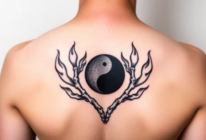 female skeleton surround by subtle flames holding a black half yin yang tattoo idea