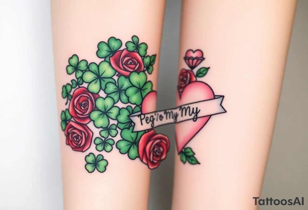 A ton of green shamrocks grouped with red roses and a big pale pink heart with a banner across the heart that says Peg 'o My Heart tattoo idea