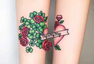 A ton of green shamrocks grouped with red roses and a big pale pink heart with a banner across the heart that says Peg 'o My Heart tattoo idea