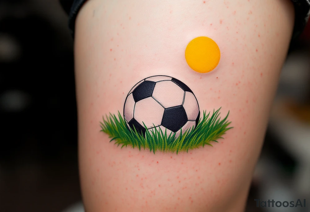 A detailed soccer ball resting on green grass with a bright yellow sun overhead. tattoo idea