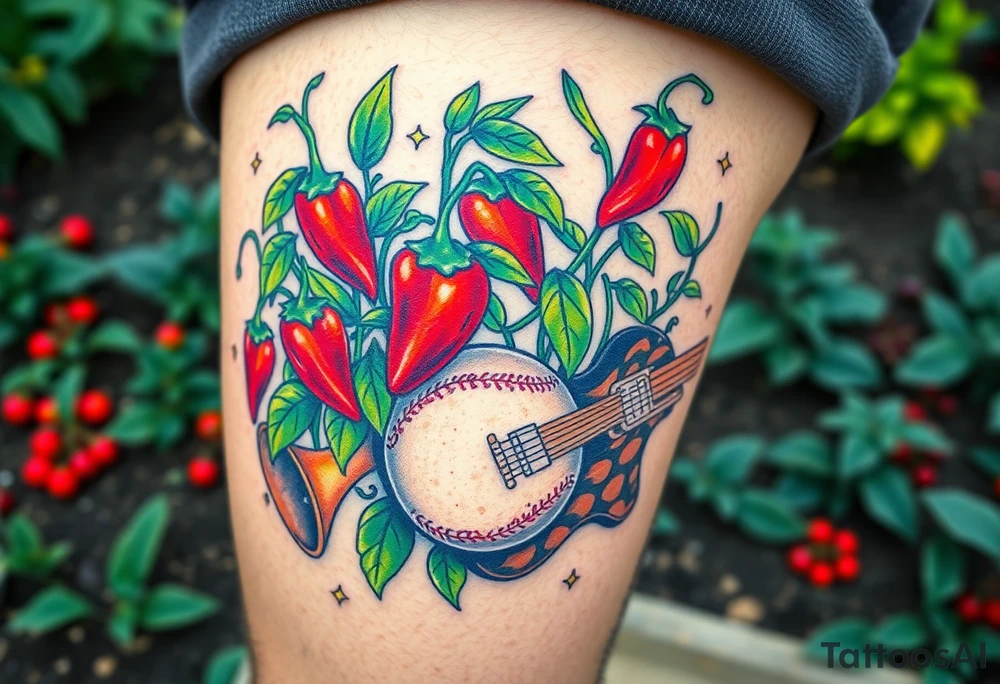 Super hot pepper plants, hot sauce, baseball, acoustic guitar, trumpet, with a gardening background tattoo idea