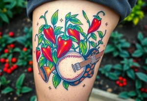 Super hot pepper plants, hot sauce, baseball, acoustic guitar, trumpet, with a gardening background tattoo idea