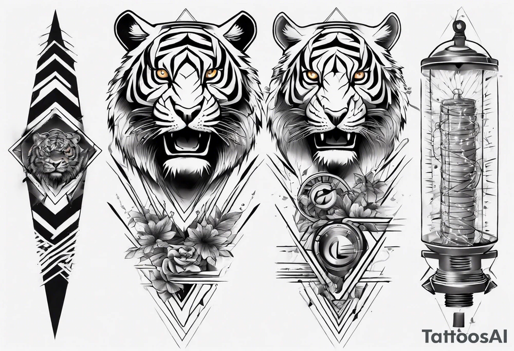 Forearm sleeve tattoo with a tiger and electricity tattoo idea