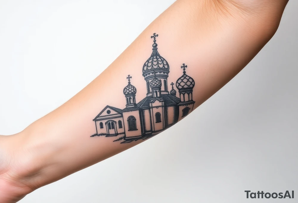 highly detailed Russian Orthodox cathedral sitting on fore arm with onion domes and orthodox crosses, done in fine line, engraving-like style. Cohesive composition, black ink only, no color, high contrast, slightly aged, documentary-style, plain light background. with clouds above it and a virgin mary over looking tattoo idea