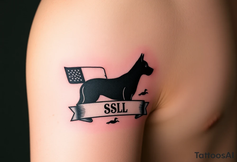 Small forearm Hunting tattoo with upland dog silhouette, Italian flag and American flag, SSL initials inside a banner, with some ducks in sky tattoo idea