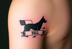 Small forearm Hunting tattoo with upland dog silhouette, Italian flag and American flag, SSL initials inside a banner, with some ducks in sky tattoo idea