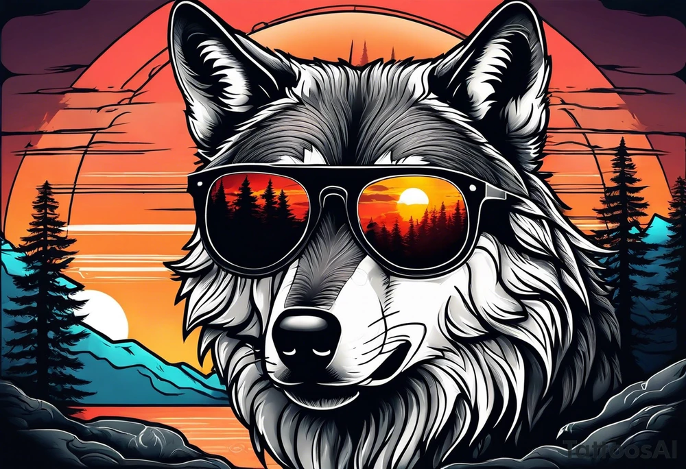 Badass wolf wearing sunglasses
Dark woods
Mountains
Sunset tattoo idea