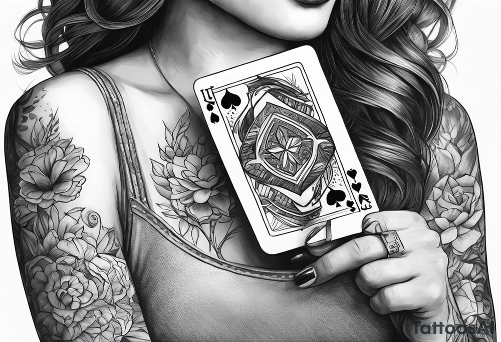 woman hand holding cards tattoo idea