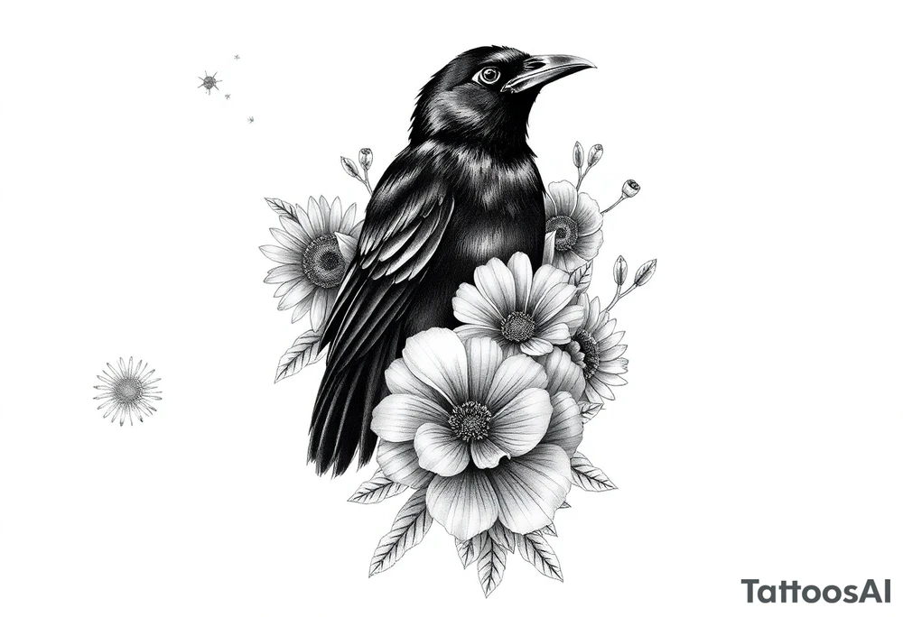 shoulder and three quarter sleeve.  Include crow, honey bee, dandelion puffball, daisy, poppy flower, hawaii flower, dragon flower, the word believe, sprite fairy, dog wood flower, dates: 01/20/85, 5/31/91, 6/10/99, surrounded by floral ornaments and leaves tattoo idea