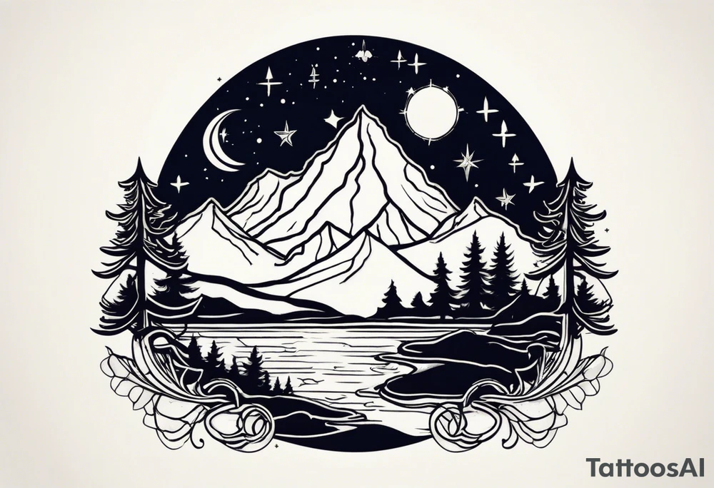 A mountain in the background, with a pine tree in front of the constellation of Aquarius tattoo idea