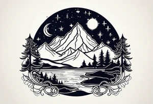 A mountain in the background, with a pine tree in front of the constellation of Aquarius tattoo idea