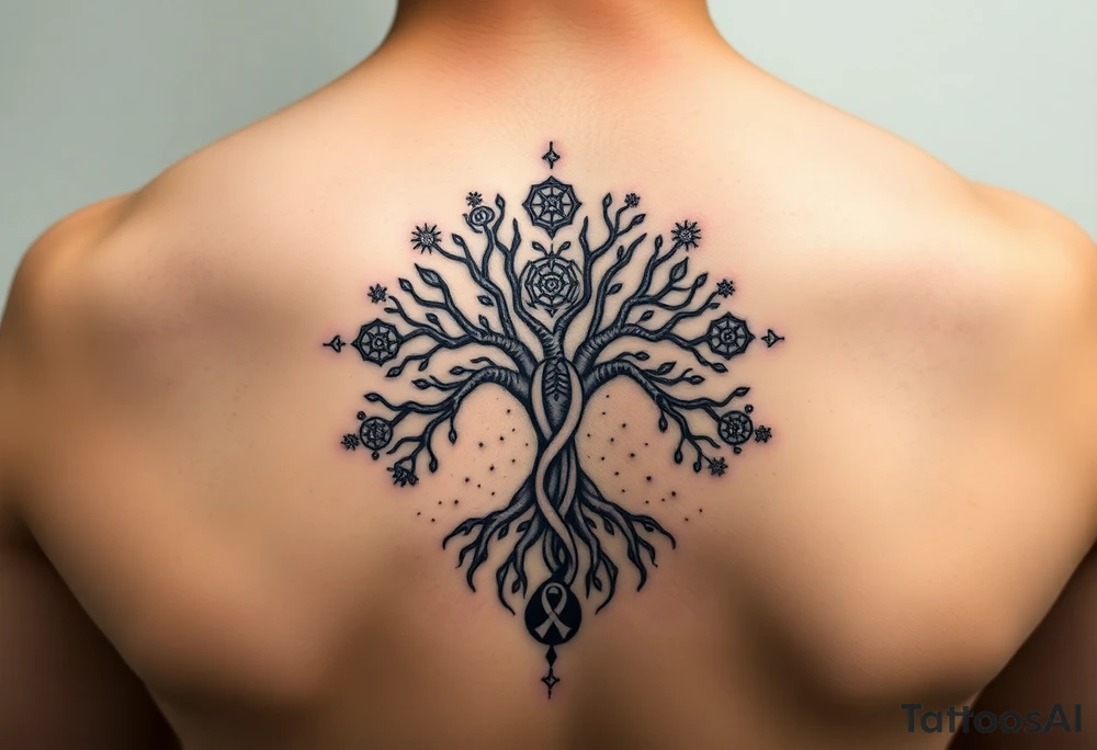 geometrical mystical tree of life with cosmic roots and celestial symbols branches with HIV-positive symbol tattoo idea