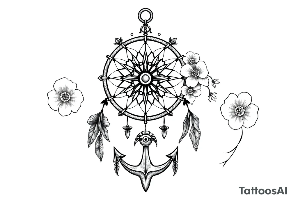Boho dream catcher with compass and anchor Beautiful flowers and an ornamental chandelier like look tattoo idea