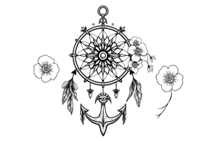 Boho dream catcher with compass and anchor Beautiful flowers and an ornamental chandelier like look tattoo idea
