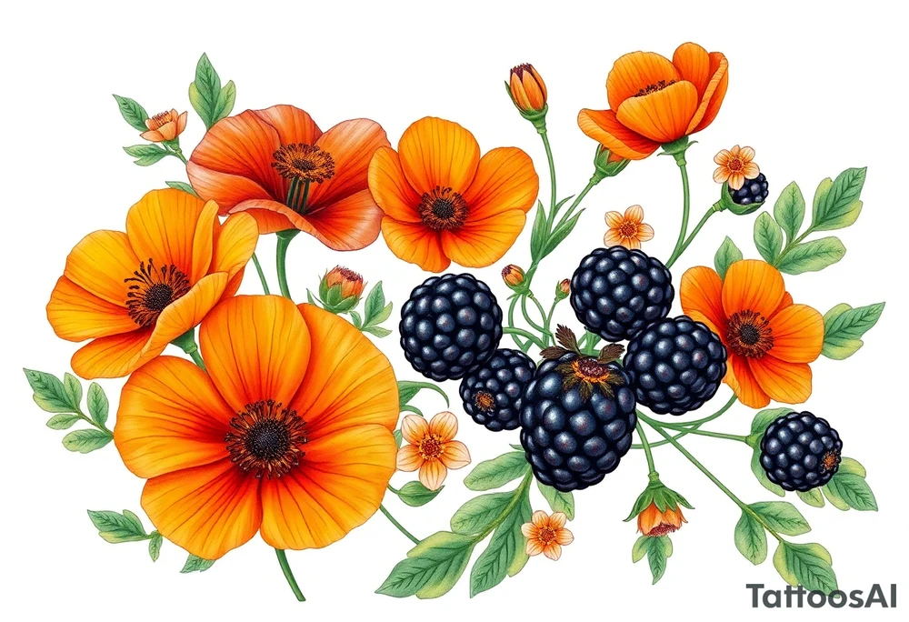 California wildflowers, poppies, and orange fruit and orange blossoms. Blackberries plant/flower. tattoo idea