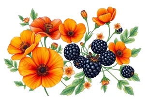 California wildflowers, poppies, and orange fruit and orange blossoms. Blackberries plant/flower. tattoo idea