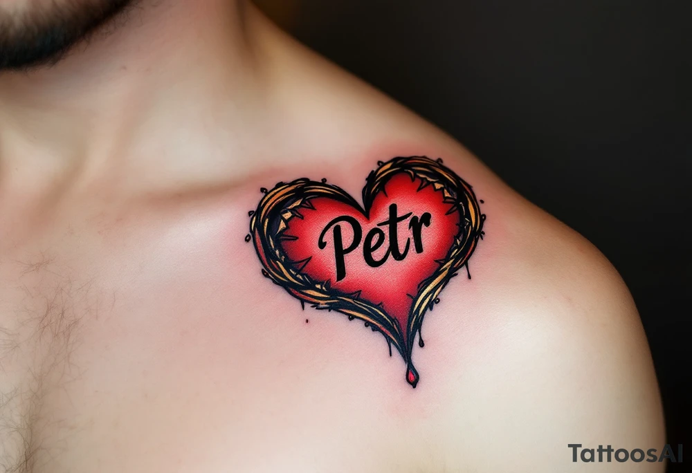 A bold red heart tattoo with the name "Petr" inside, shaded with black and outlined in gold, symbolizing passionate love. tattoo idea