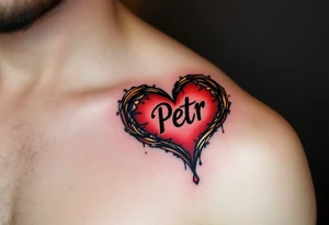 A bold red heart tattoo with the name "Petr" inside, shaded with black and outlined in gold, symbolizing passionate love. tattoo idea