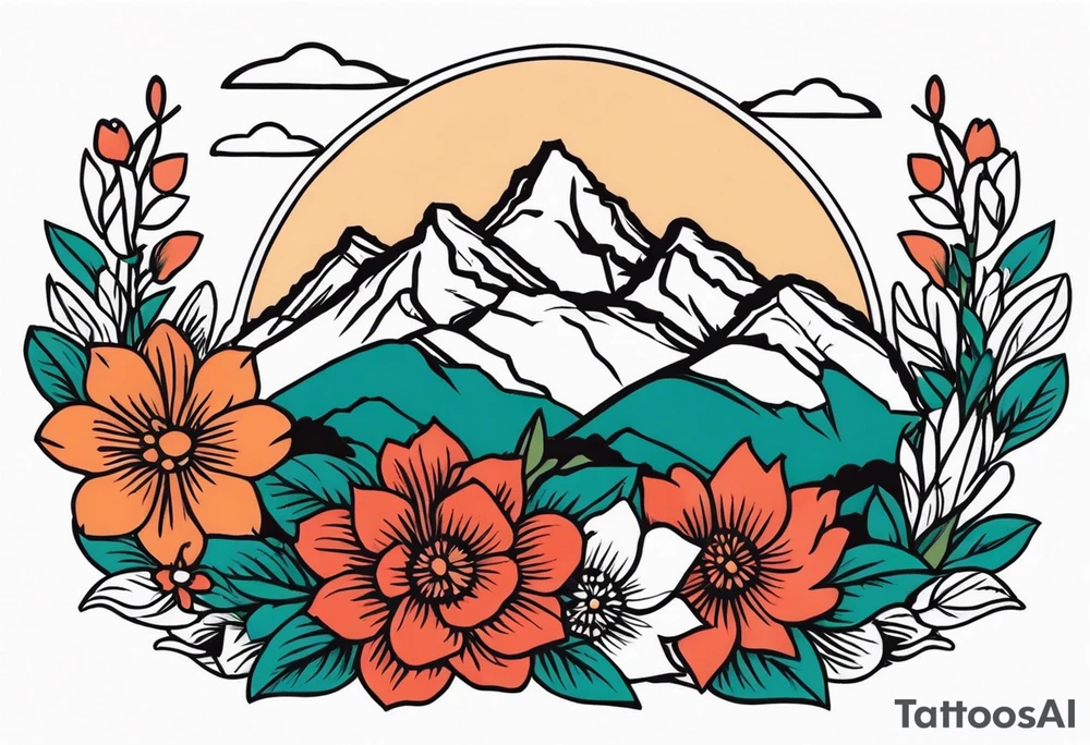 mountains
old school vintage simple traditional design with vintage flowers surrounding
bold color simple tattoo idea