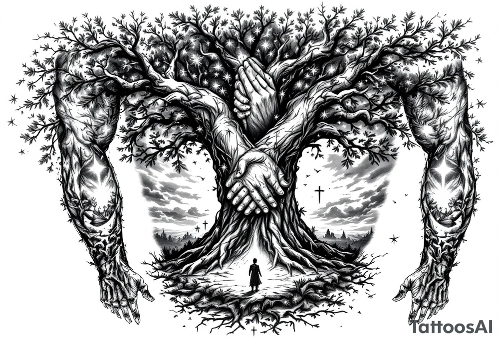 A highly detailed black and grey realism tattoo sleeve design that tells a story of faith, family, and perseverance. A large, deeply rooted tree with strong branches represents family and growth. Within the bark of the tree, hidden images of hands clasped together and a father guiding a child can be seen. A distant cross glows subtly through a stormy sky, symbolizing divine guidance. A warrior stands at the base of the tree, looking toward the cross, representing endurance through hardship. The design blends realism and abstract elements, with deep shadows at the base fading into light near the shoulder. tattoo idea