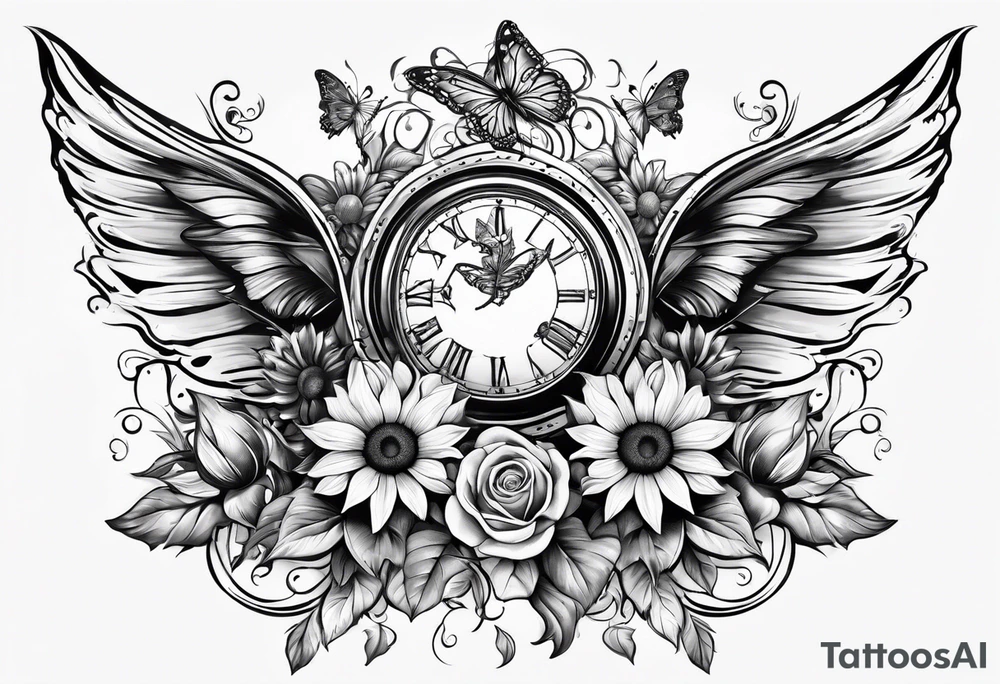 Arm sleeve with Winged cross with sunflower and butterflies tattoo idea