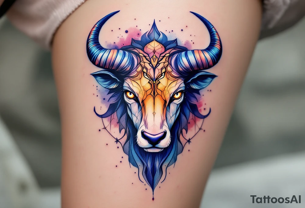 Like a cosmic guardian, Taurus watches with ochre eyes and glowing indigo horns. tattoo idea