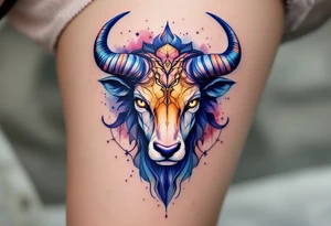 Like a cosmic guardian, Taurus watches with ochre eyes and glowing indigo horns. tattoo idea