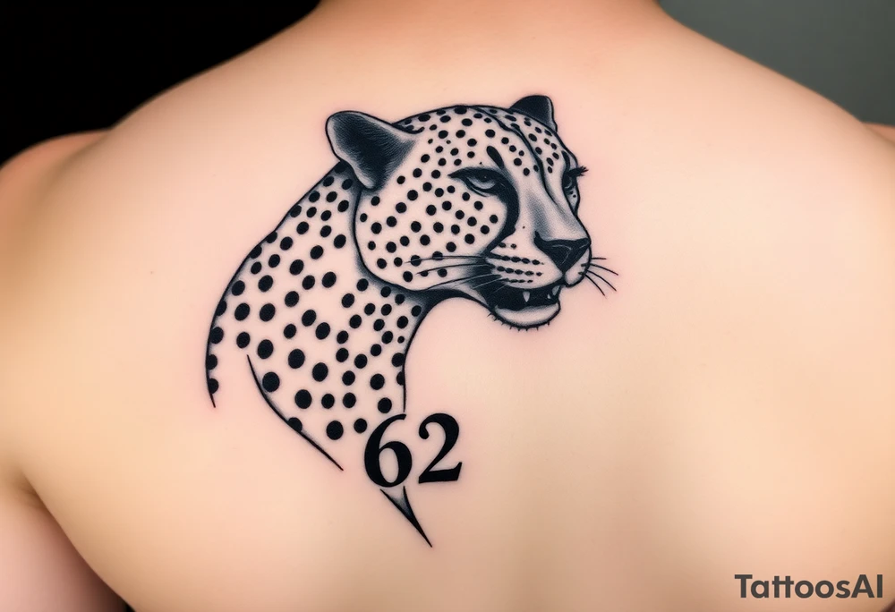 cheetah tattoo on the pec with the number 62 tattoo idea