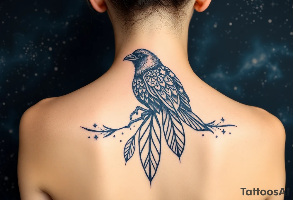 Raven with starry sky background with zodiac constellations in it with runes in sky tattoo idea