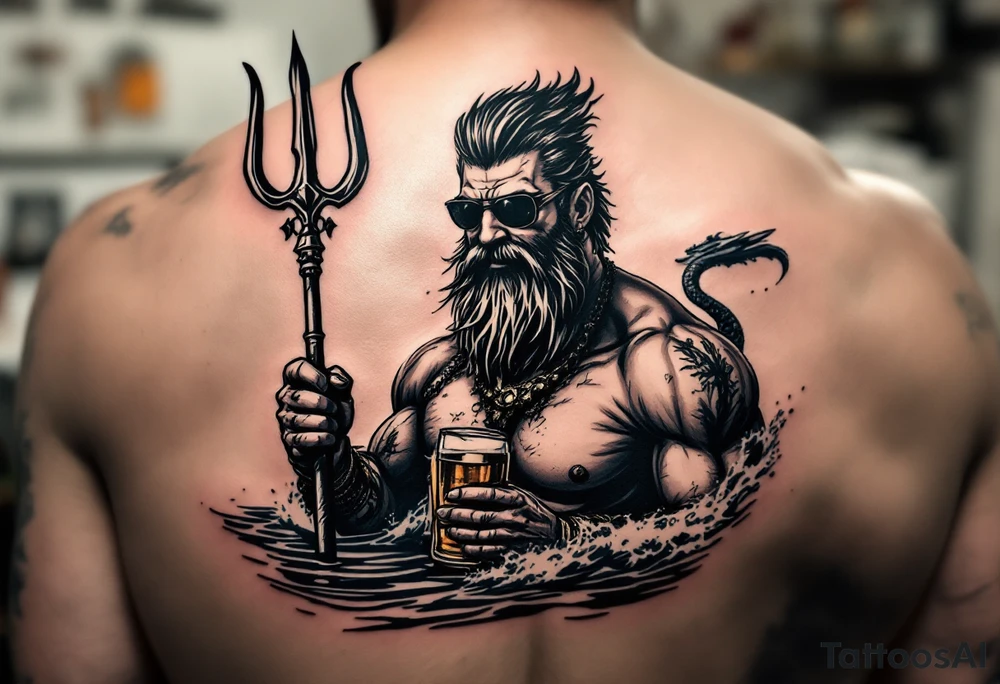 young, happy, fit, short hair, poseidon in calm water, holding a trident, drinking a beer, with sunset, with ski boat, with sunglasses tattoo idea