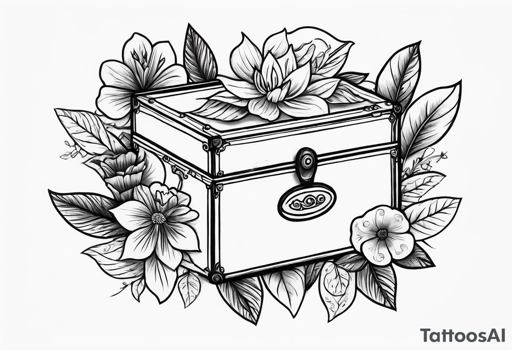 An sailor Jerry style tattoo of a vintage cigar box surrounded by traditional flowers tattoo idea